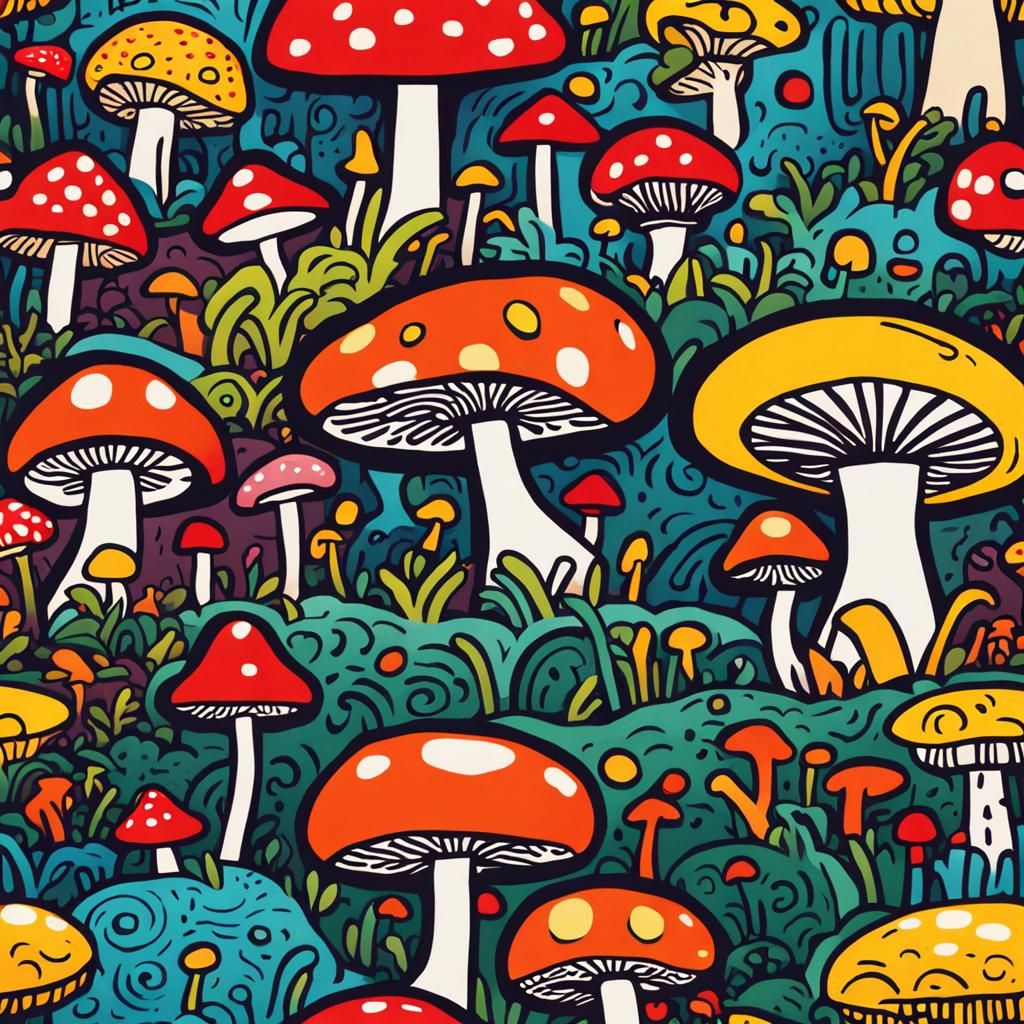 Vibrant Mushroom Field in Keith Haring Style