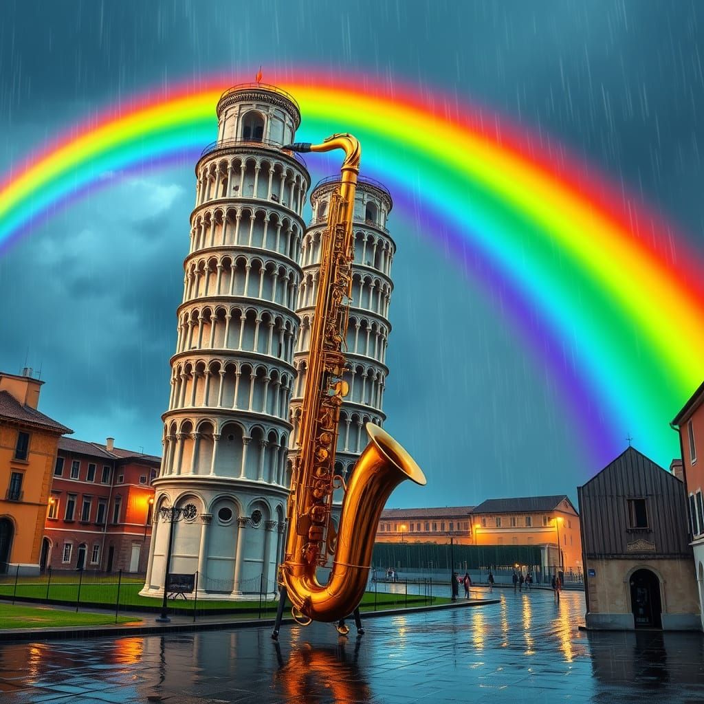 Golden Saxophone Tower of Pisa with Spaghetti Rainbow