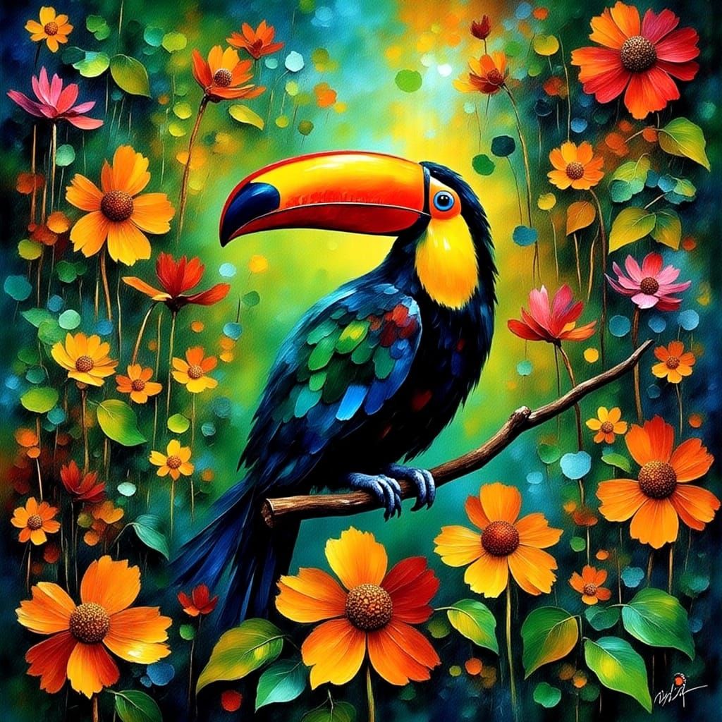 Expressive Tropical Bird in Colorful Rainforest