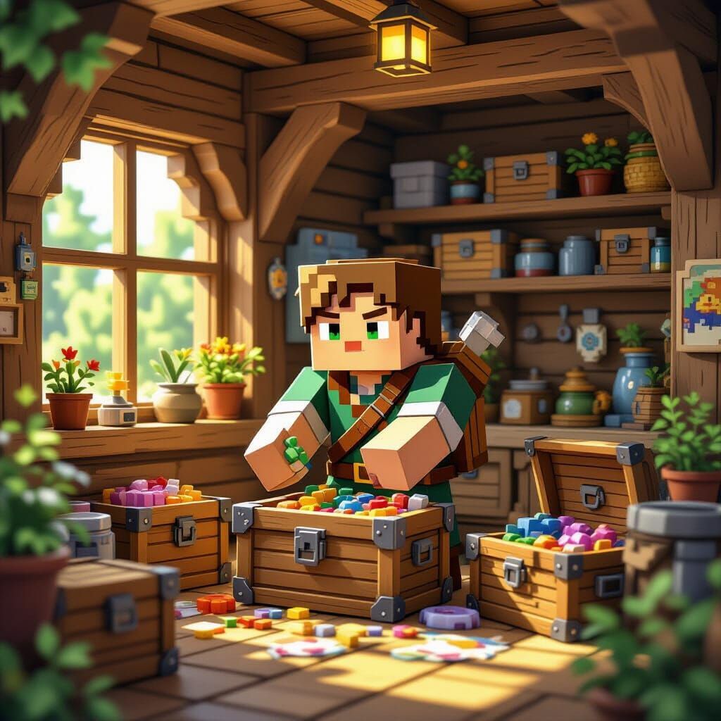 Minecraft Character Sorting Inventory in Cozy Woodland Villa...