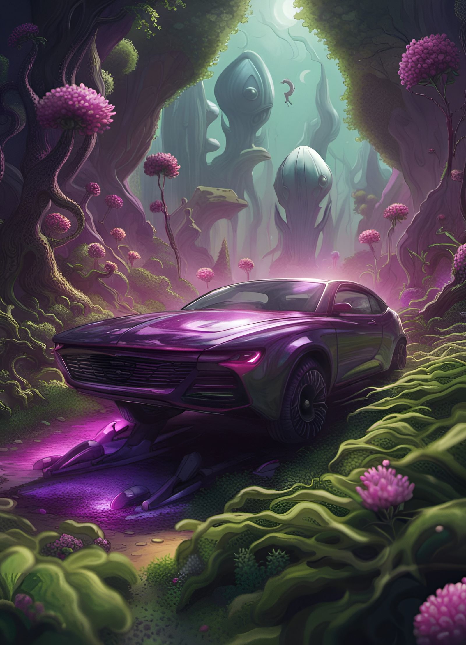 Car Journey Through Alien Forest: Conceptual Art