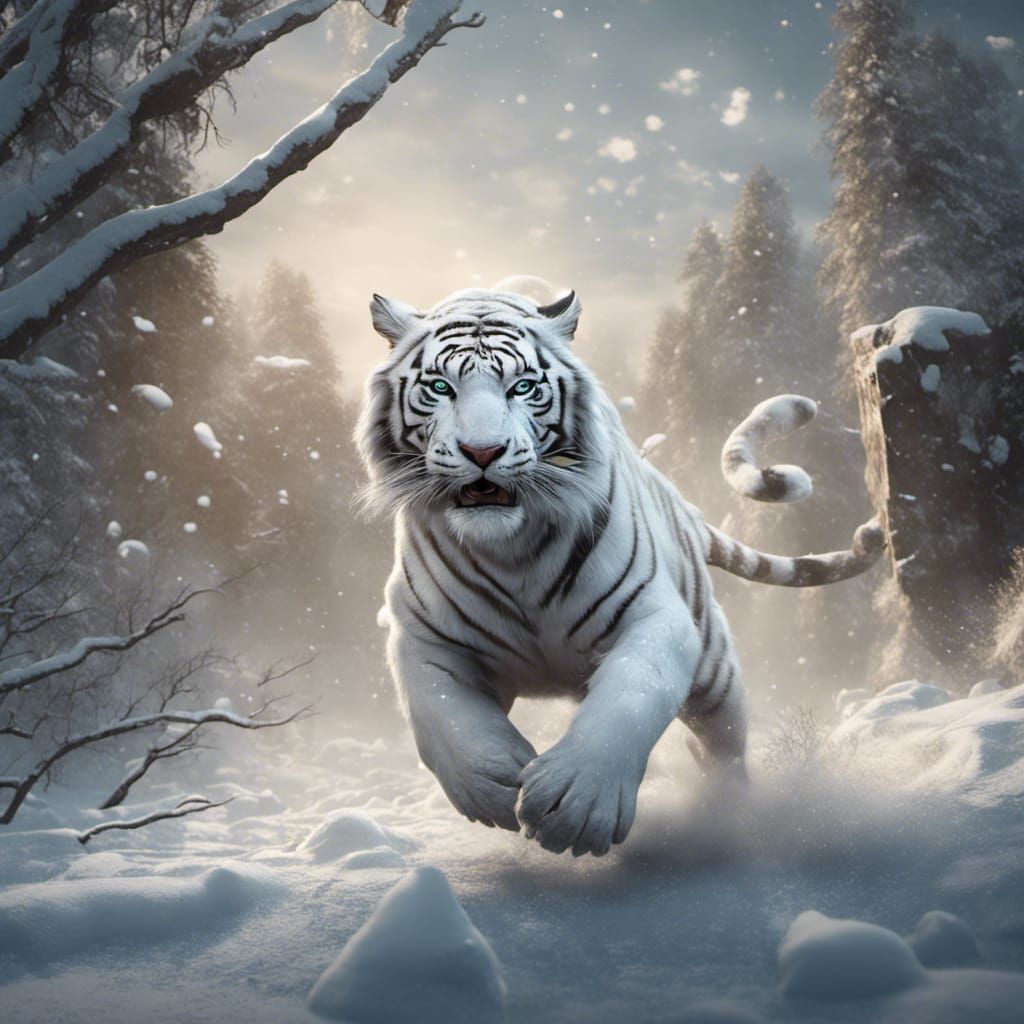 White Tiger Leaps in Snowy Fantasy Art