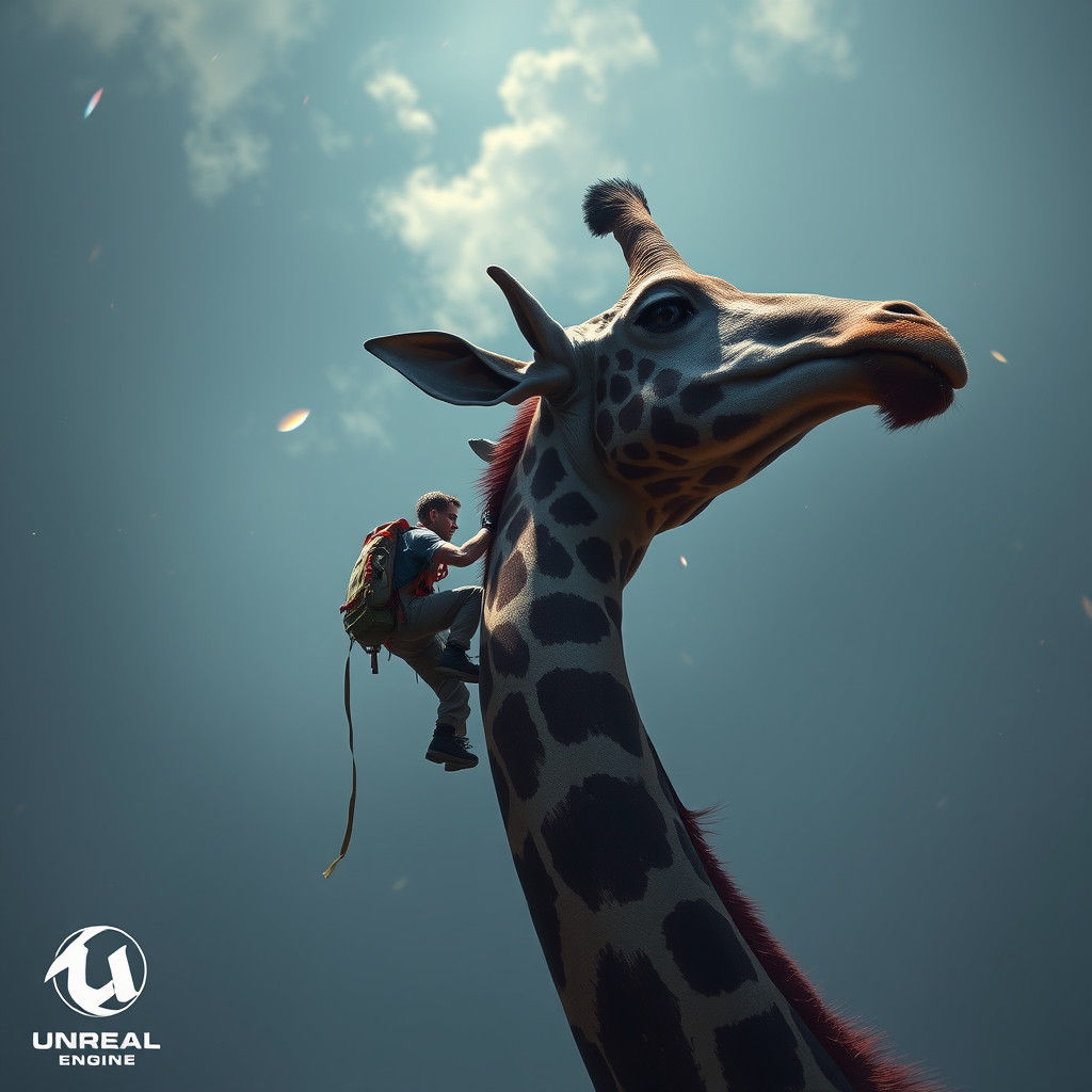Climber Ascends Giraffe Neck: Fantasy Concept Art