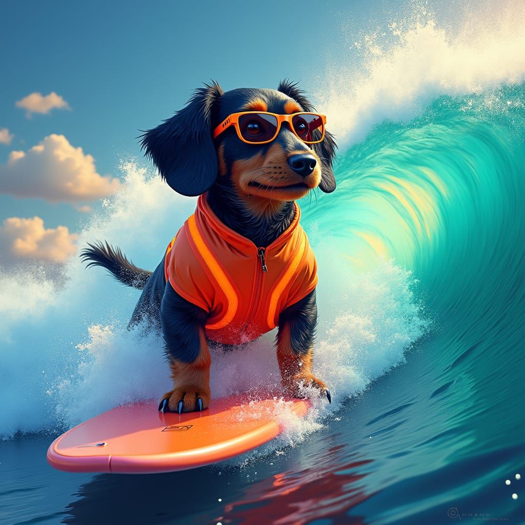 Dachshund Surfing a Glowing Wave in Surreal Style