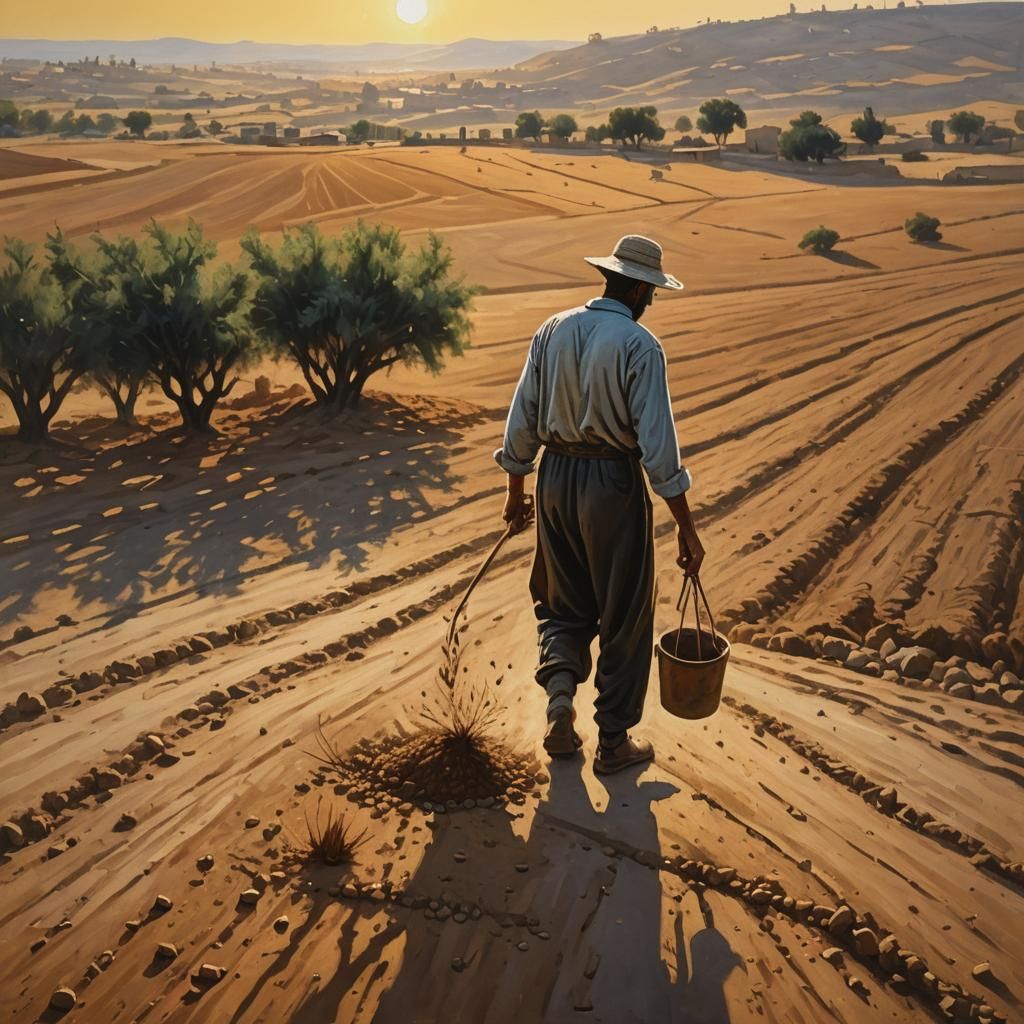 Cinematic Oil Painting: Farmer Sowing Seeds at Sunrise