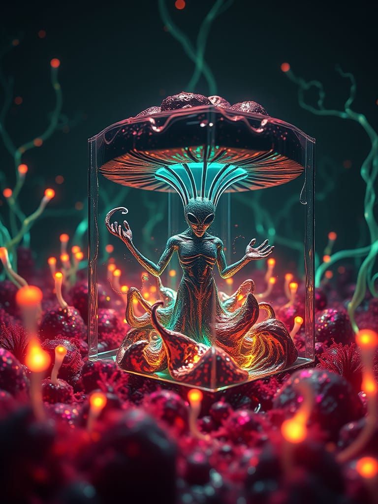 Metallic Dark Mushroom Alien in a Glowing Organic Tesseract