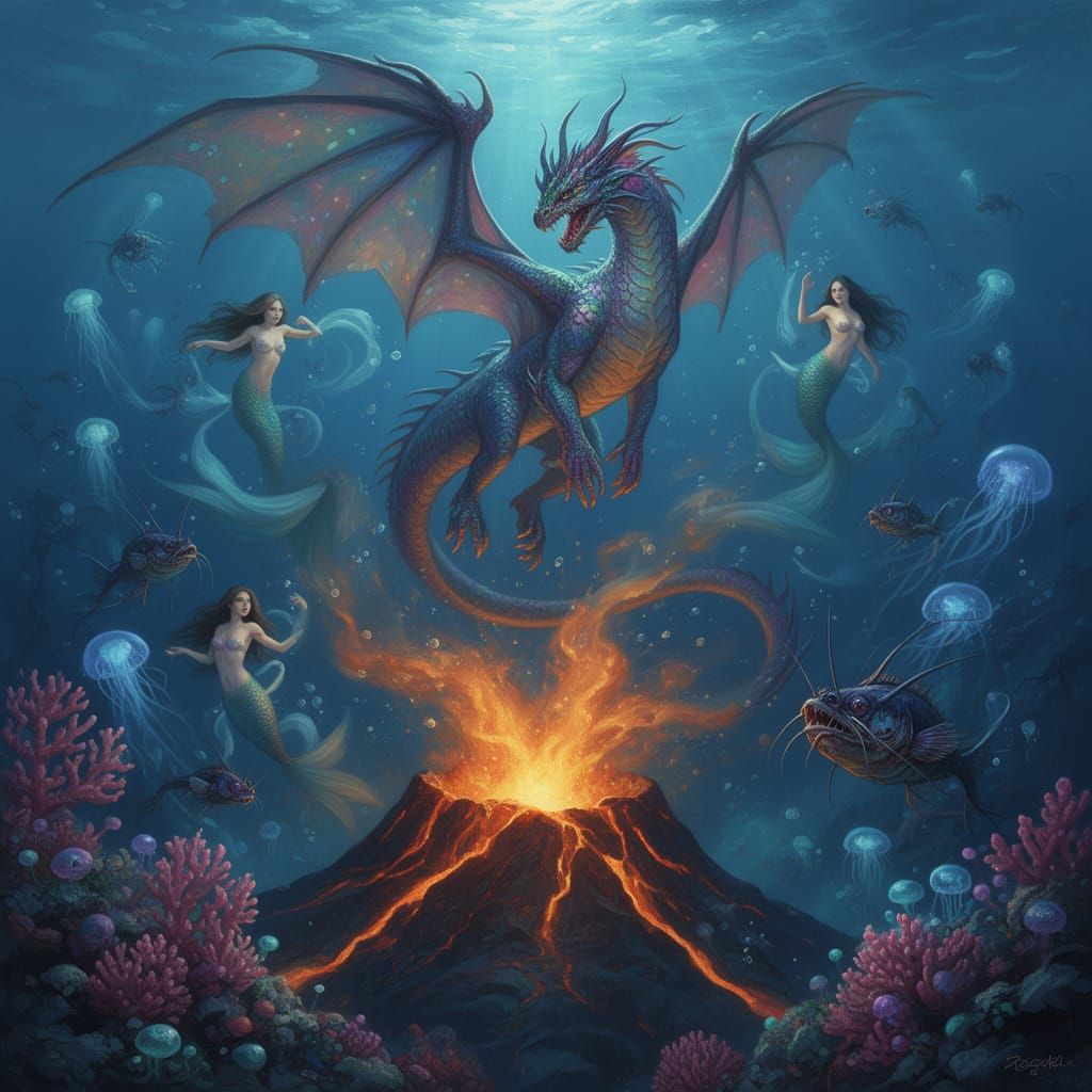 Majestic Dragon Rises from Underwater Volcano with Mermaids