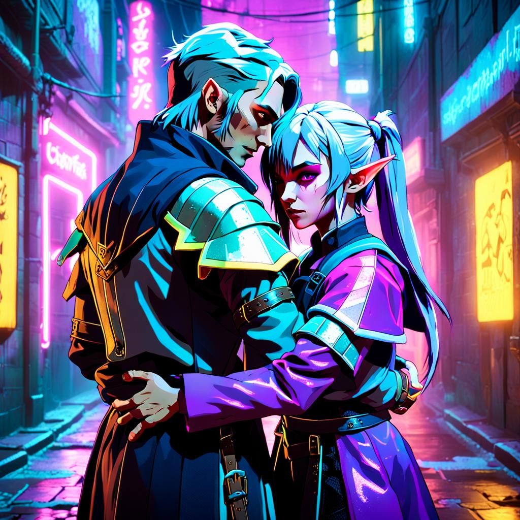 Cyberpunk Elf Embrace in Neon Alleyway