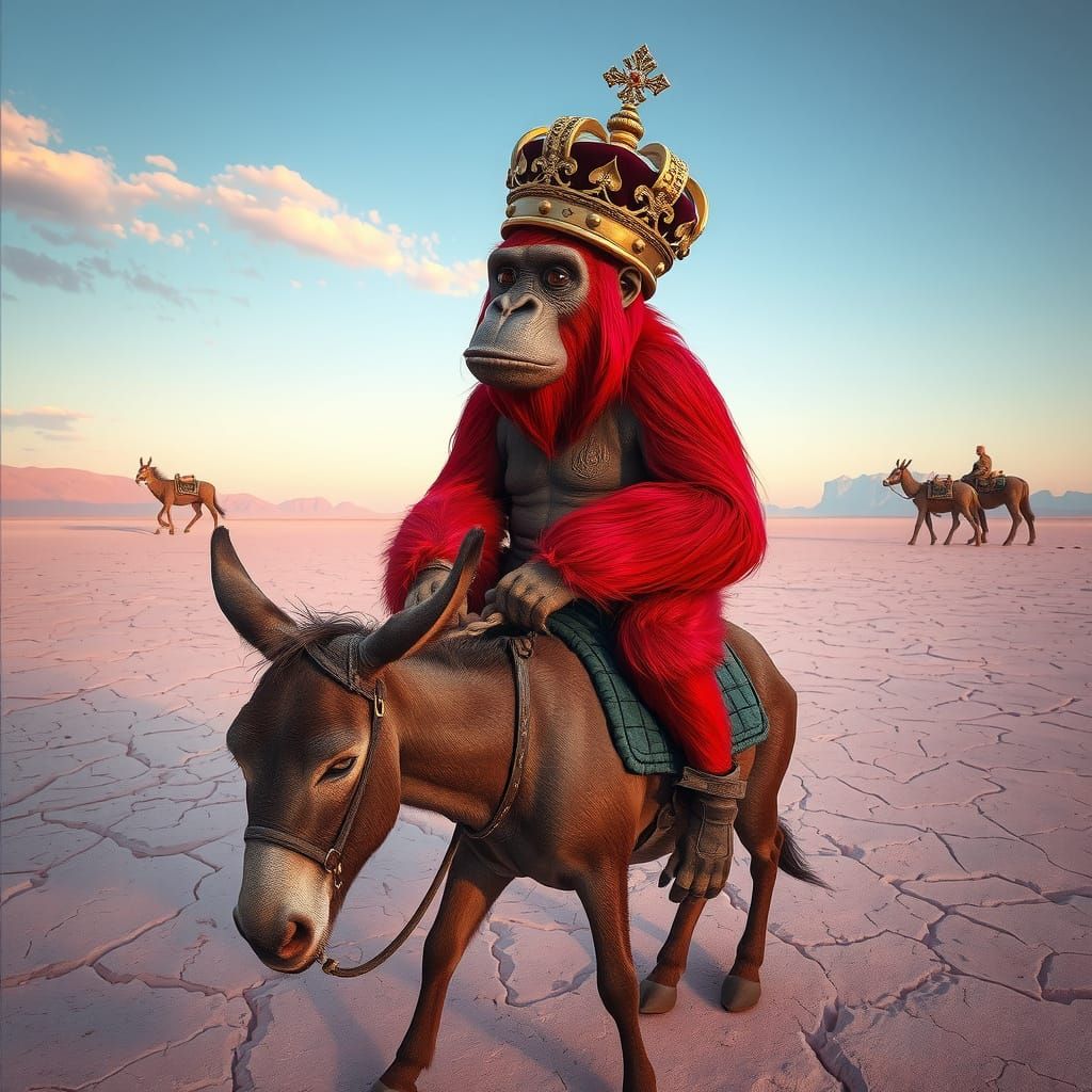 A comically arrogant red gorilla wearing an oversized tarnis...