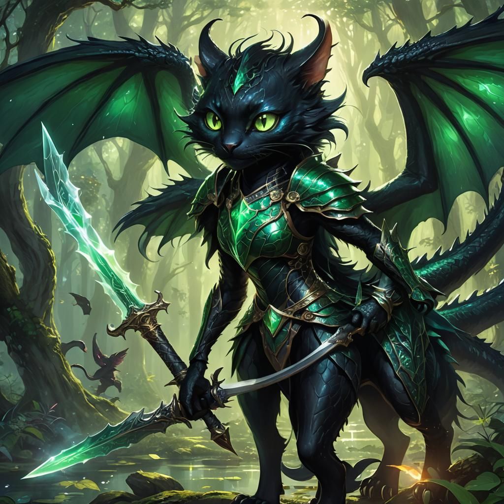 Girl Riding Black Dragon Cat with Emerald Sword