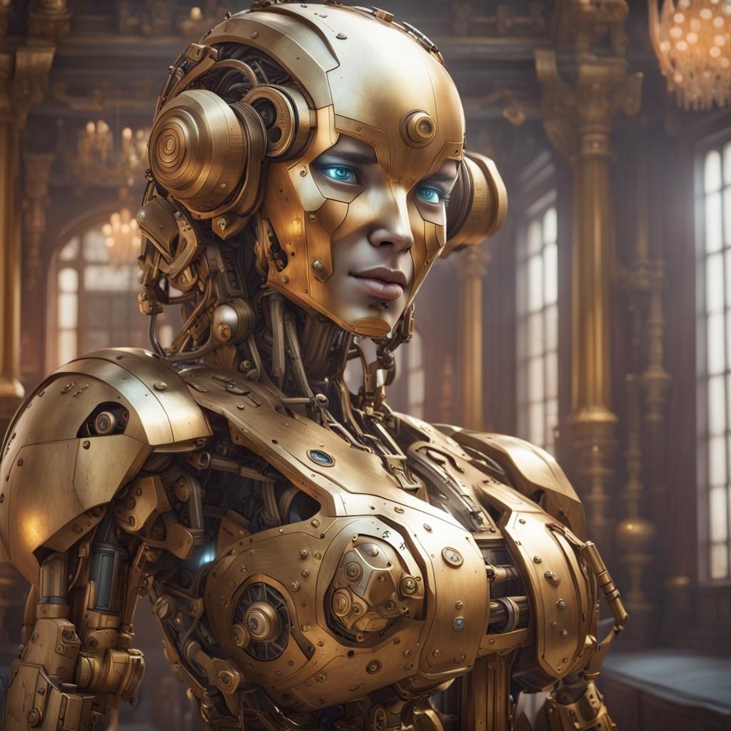 Brass Android Building Robot Baby, Hyperdetailed Art