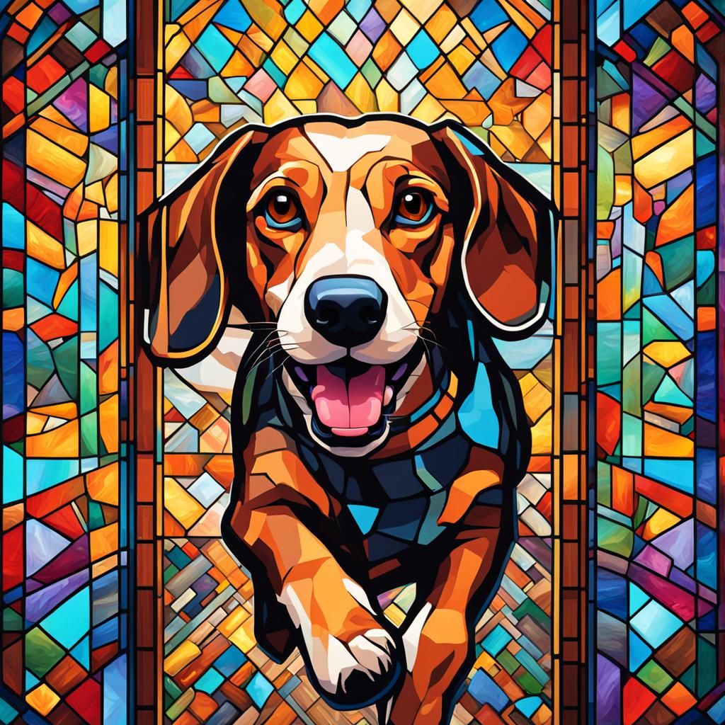 Dachshund Beagle Mix Running Marathon as Stained Glass