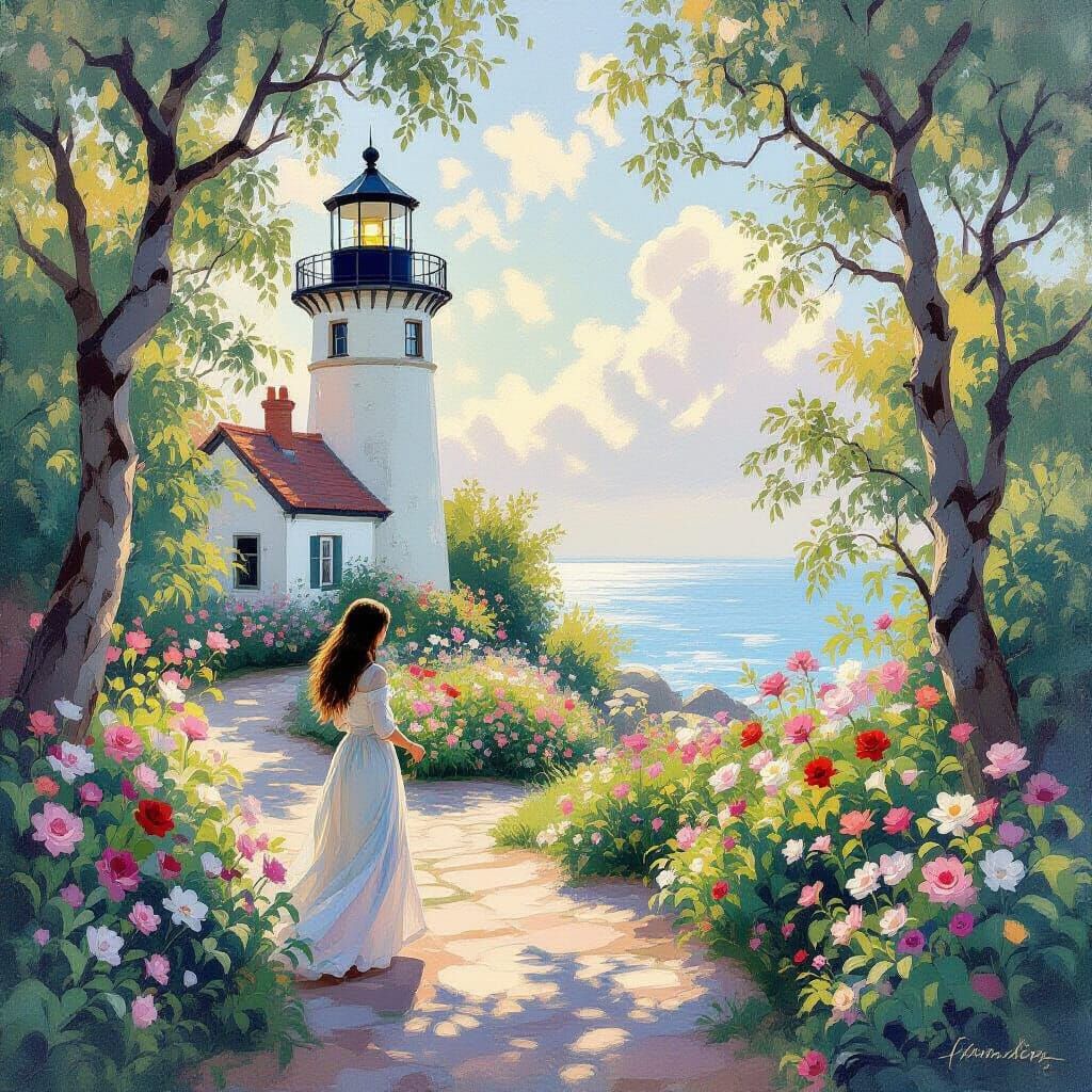 Monet-Style Lighthouse Garden with Woman