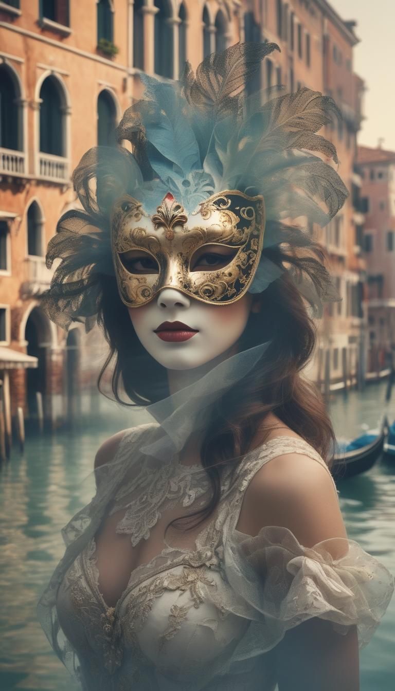 Venetian Mask Silhouette in Double Exposure Photography
