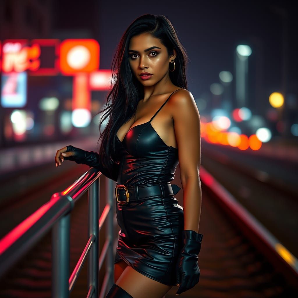 Latina Woman in Neon Cyberpunk Cityscape