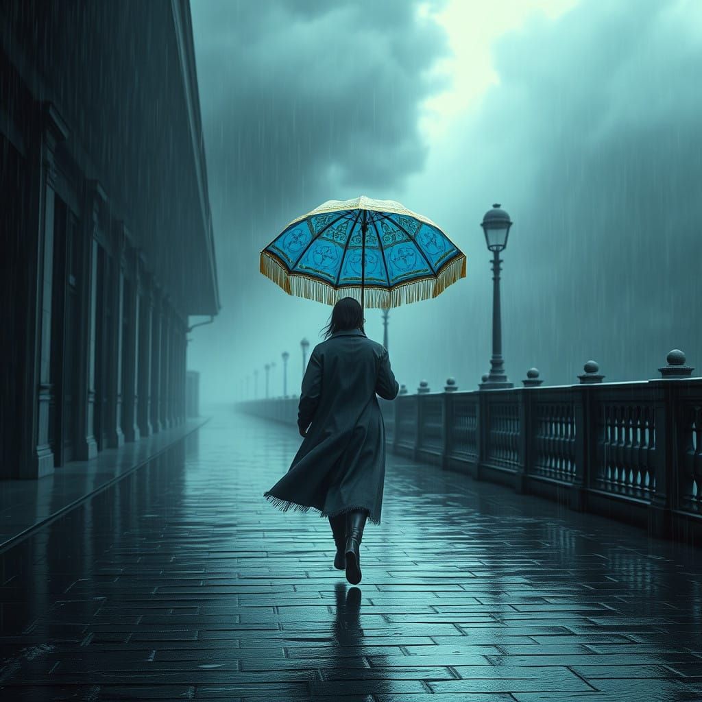Mysterious Figure Walks in the Rain with Vibrant Umbrella