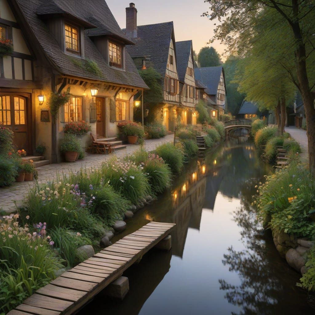 Traditional German Village Alleyway at Sunset