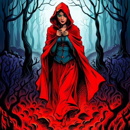 Red Riding Hood Sprinting Through Forest: Fairytale Illustra...