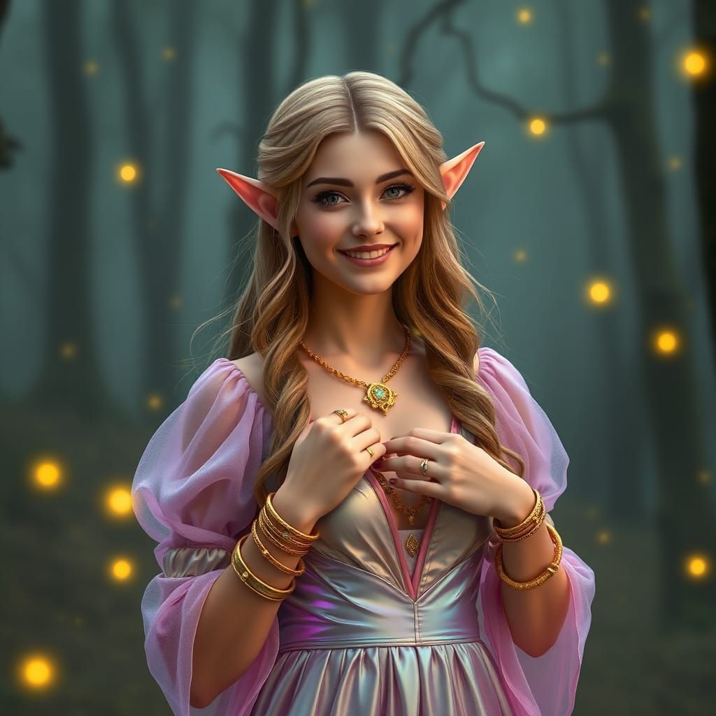 Beautiful Elf Woman in Forest with Fireflies