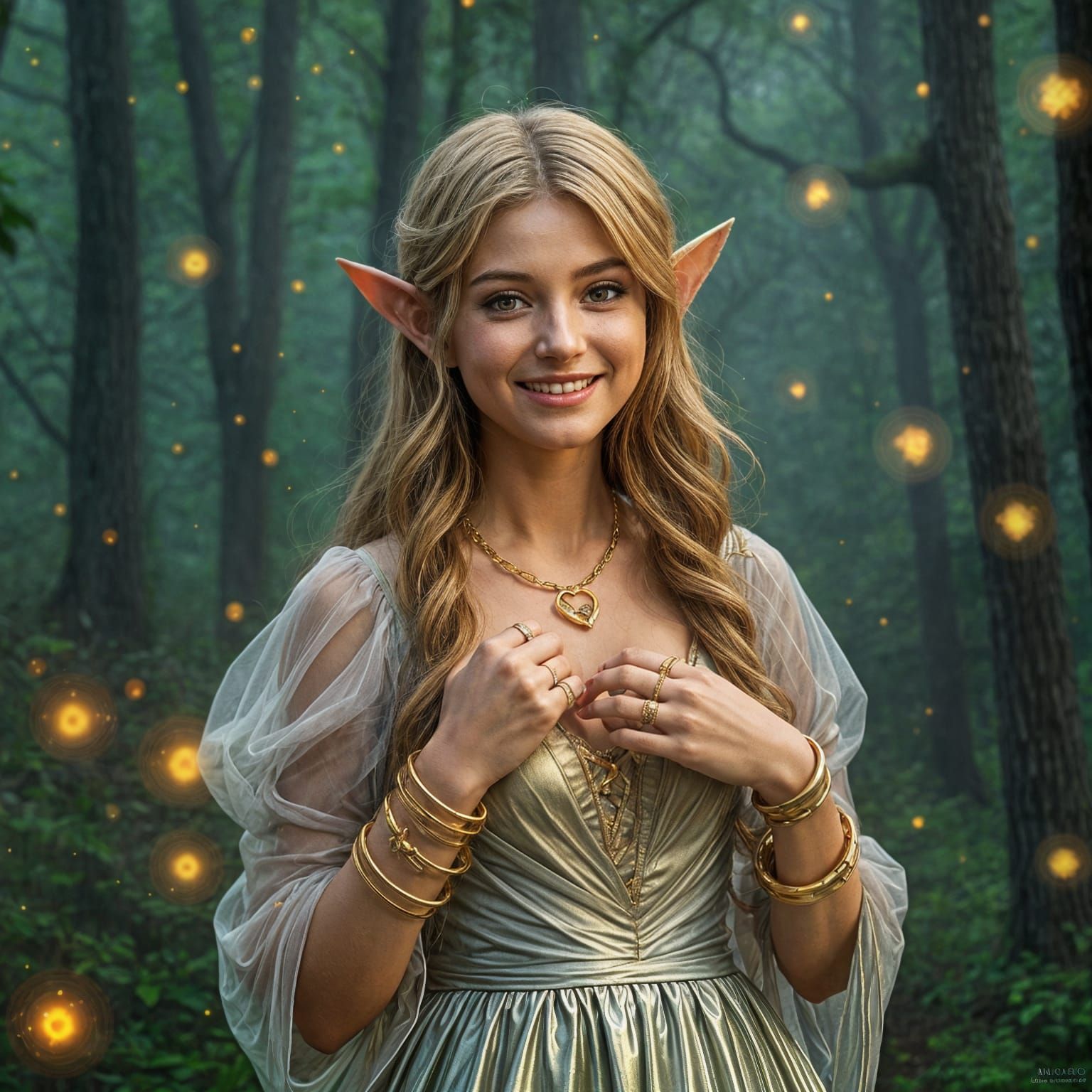 Elf Woman in Forest with Fireflies