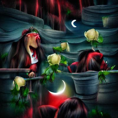 Red Roses Weeping in Moonlight: Art Nouveau Illustration