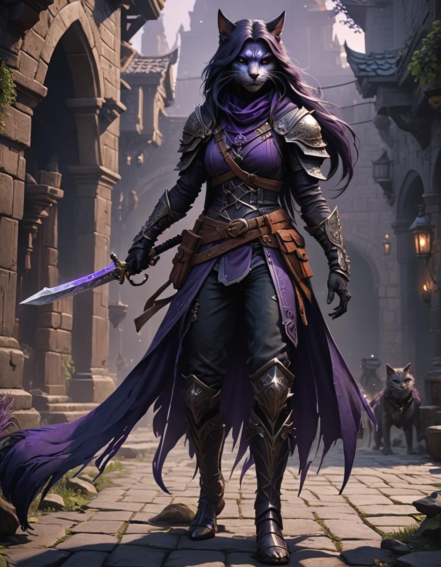 Catfolk Assassin with Purple Color Scheme, Digital Art