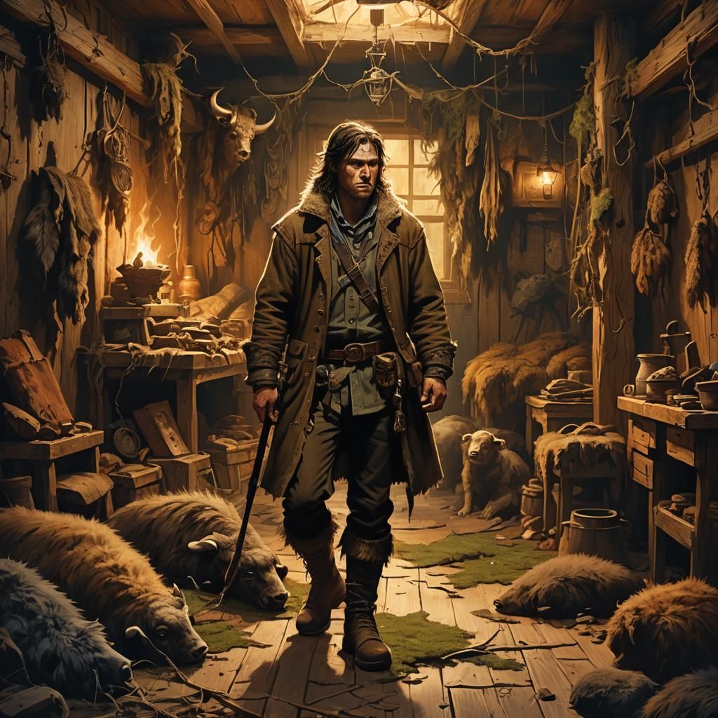 Fantasy Trapper in Rustic Hut, Frank Frazetta Style