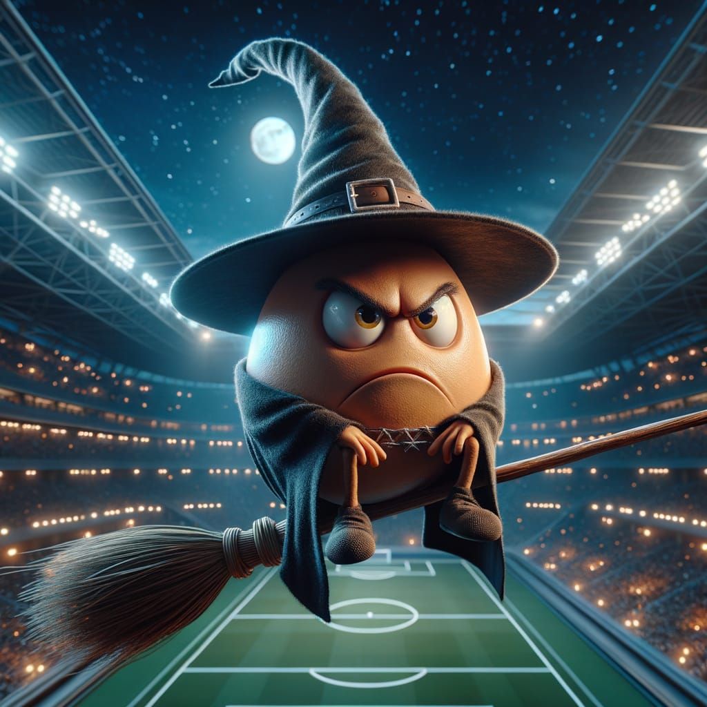 Furious Wizard Egg on Flying Broom in Stadium