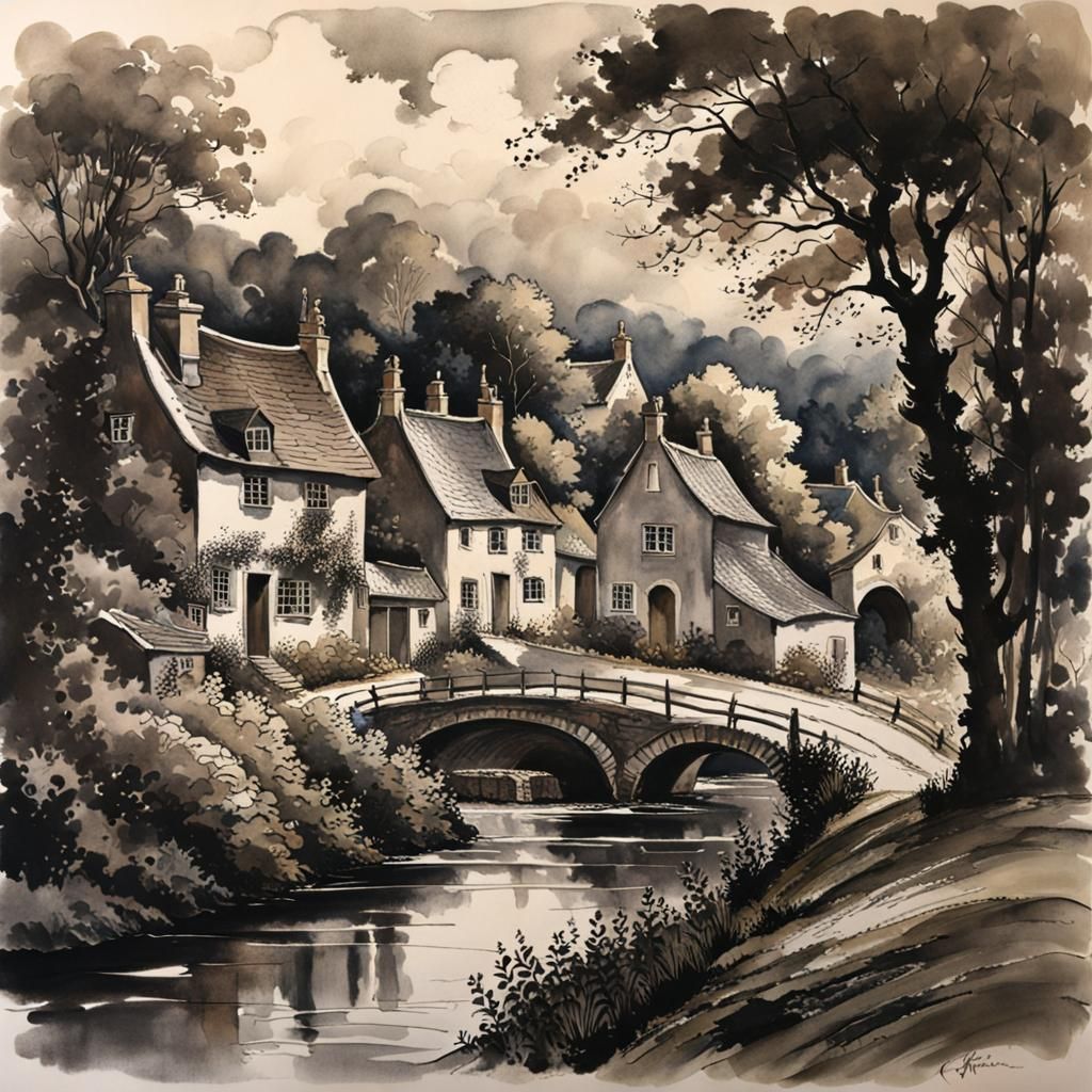 Idyllic Village in Zaffre Ink and Wash