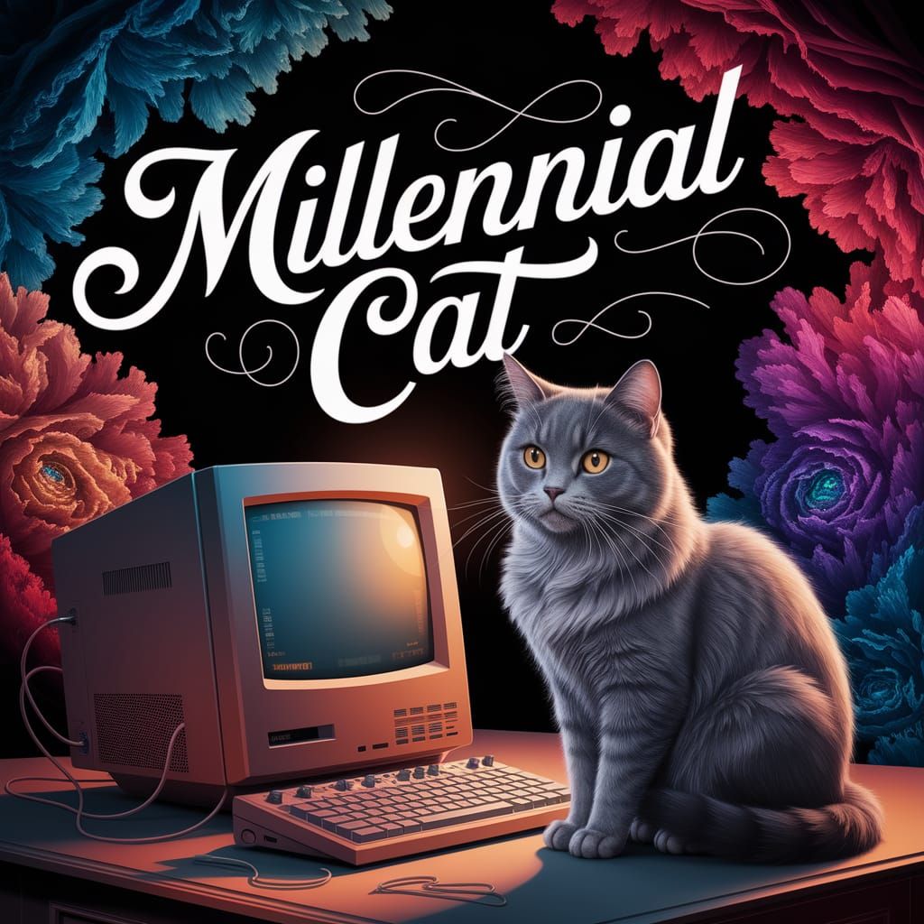 Gray Cat Displayed Next to Computer in Fantasy Setting