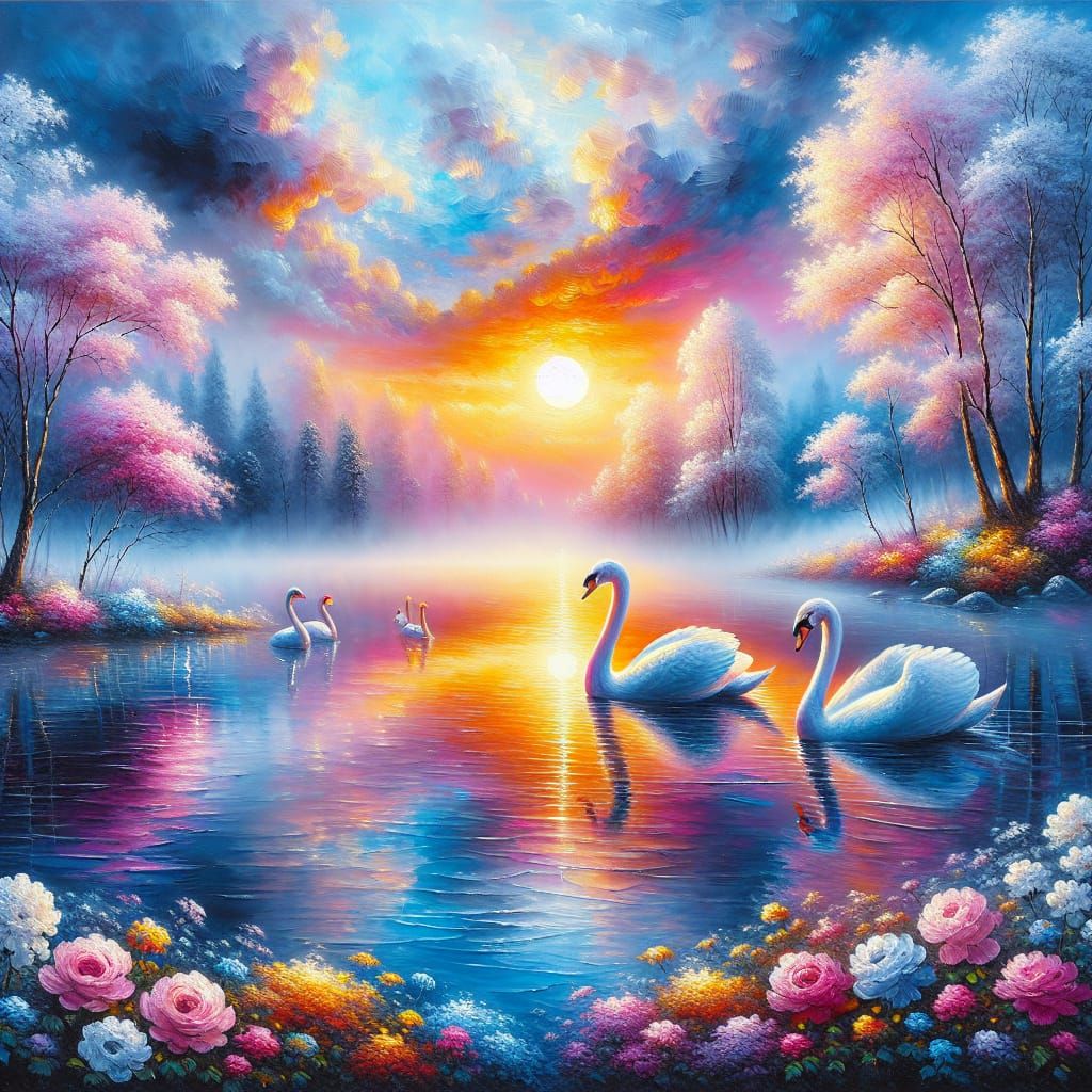 Misty Sunrise with Swans as Impasto Painting
