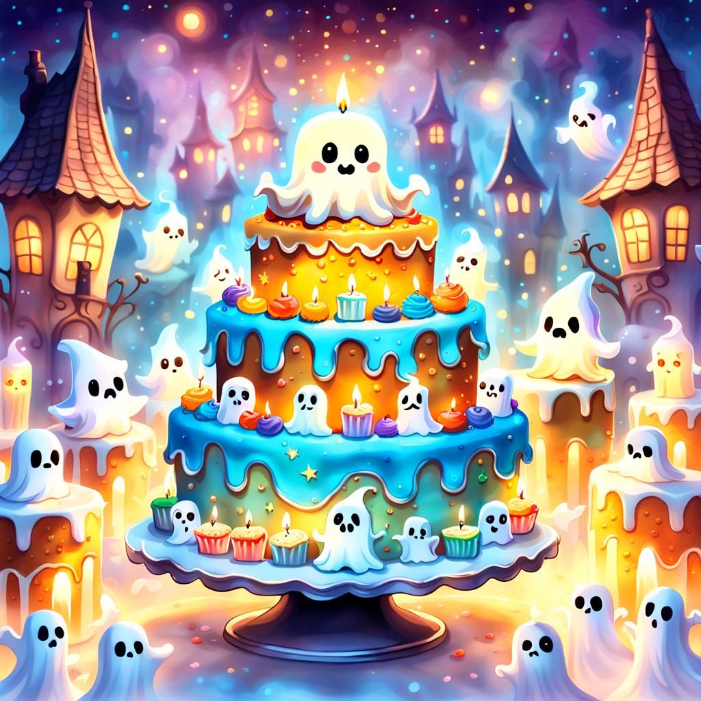 A happy adorable cute chibi ghost having a ghostly birthday ...