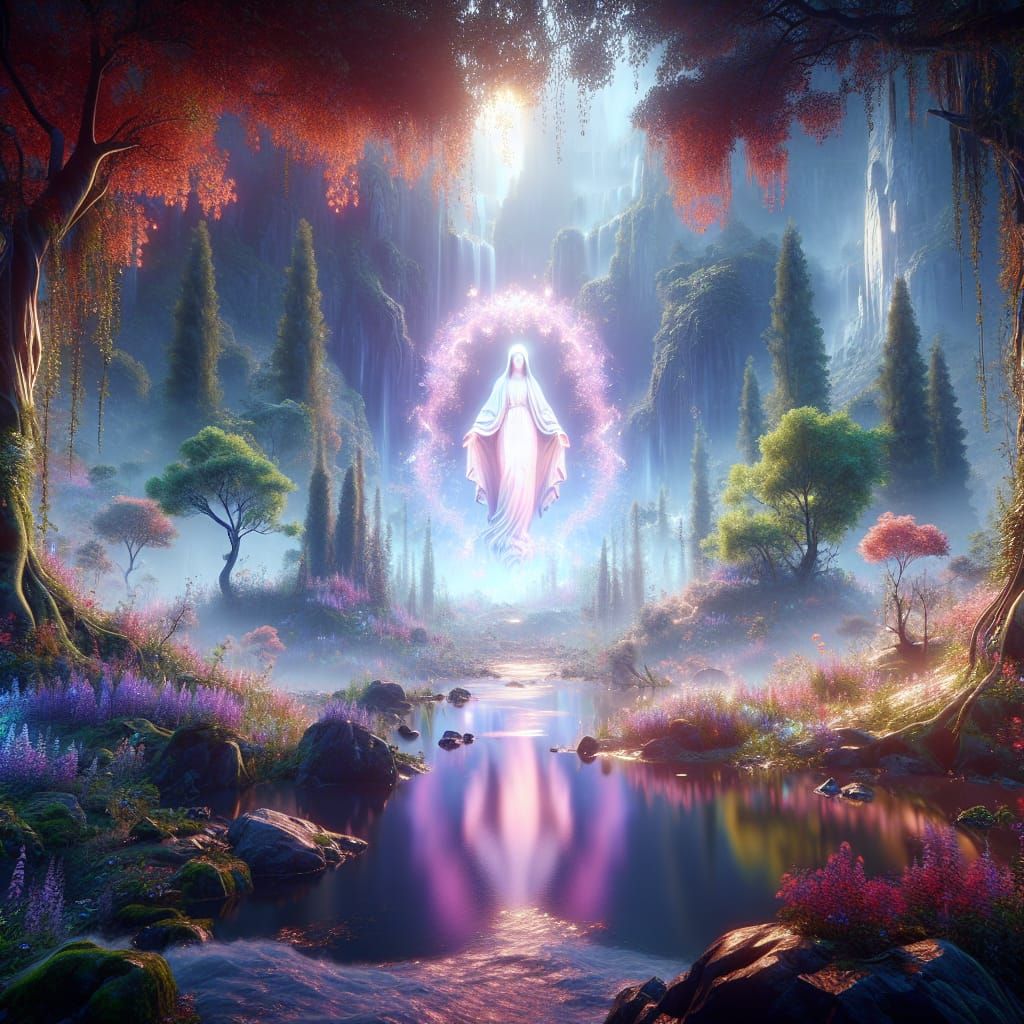Holy Mary Apparition in Enchanted Forest Concept Art