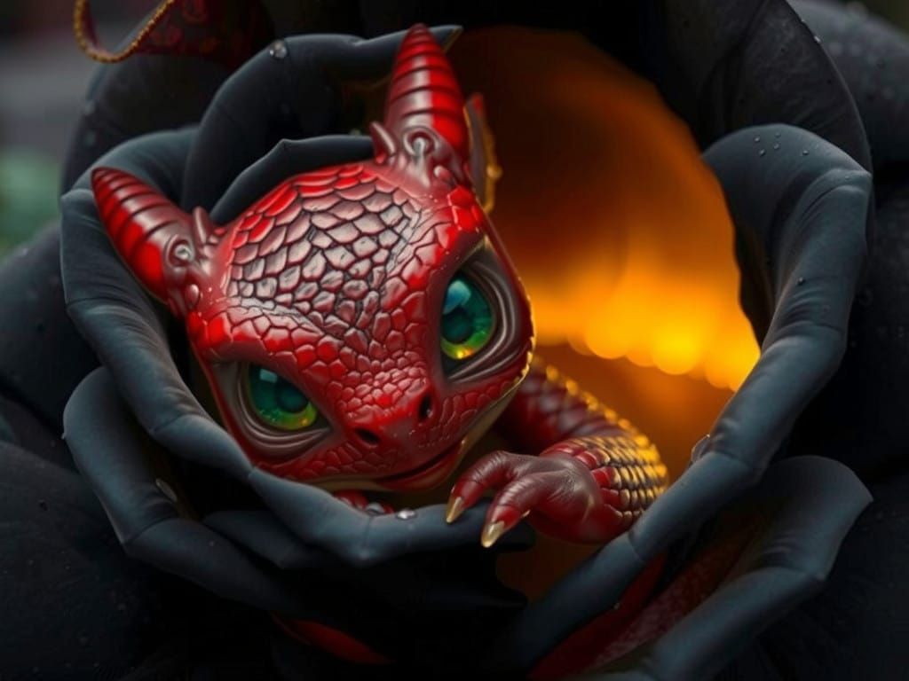 Oversized, Fiery-Eyed Baby Devil Peeks from Black Rose