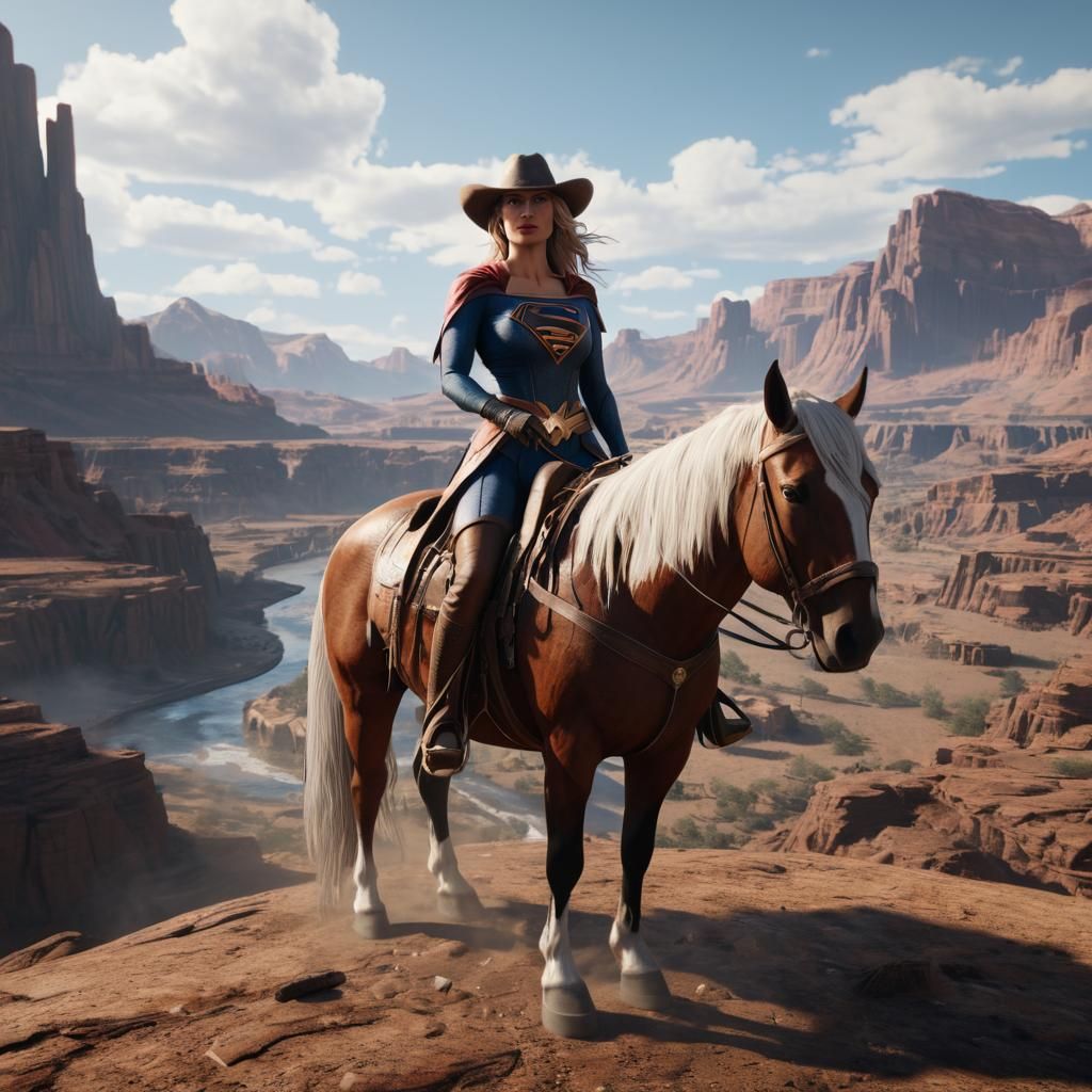 Supergirl Cowgirl on Horseback in Surreal West