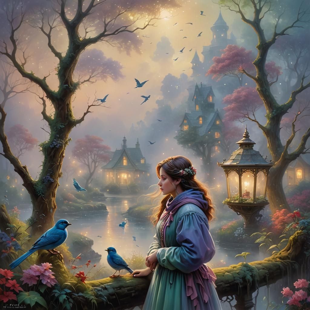 Ethereal Girl Paints Birds in Fantasy Landscape