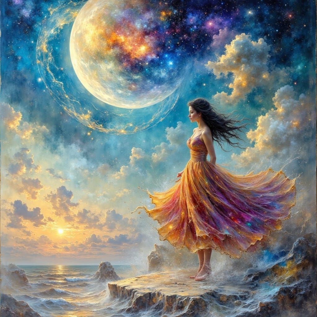 Surreal Oil Painting: Woman Underneath the Stars