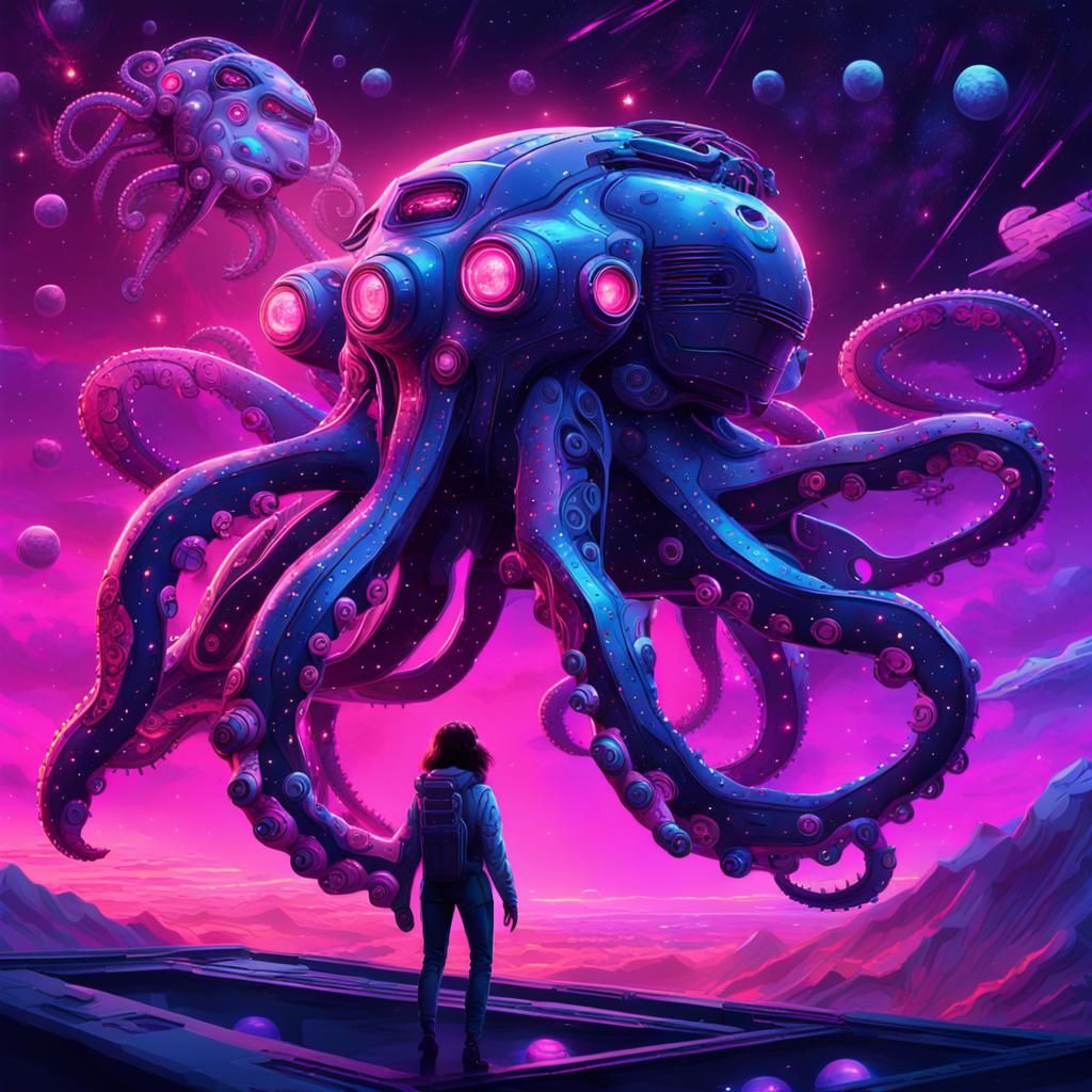 Cyberpunk Octopus Pilot in Starry Space