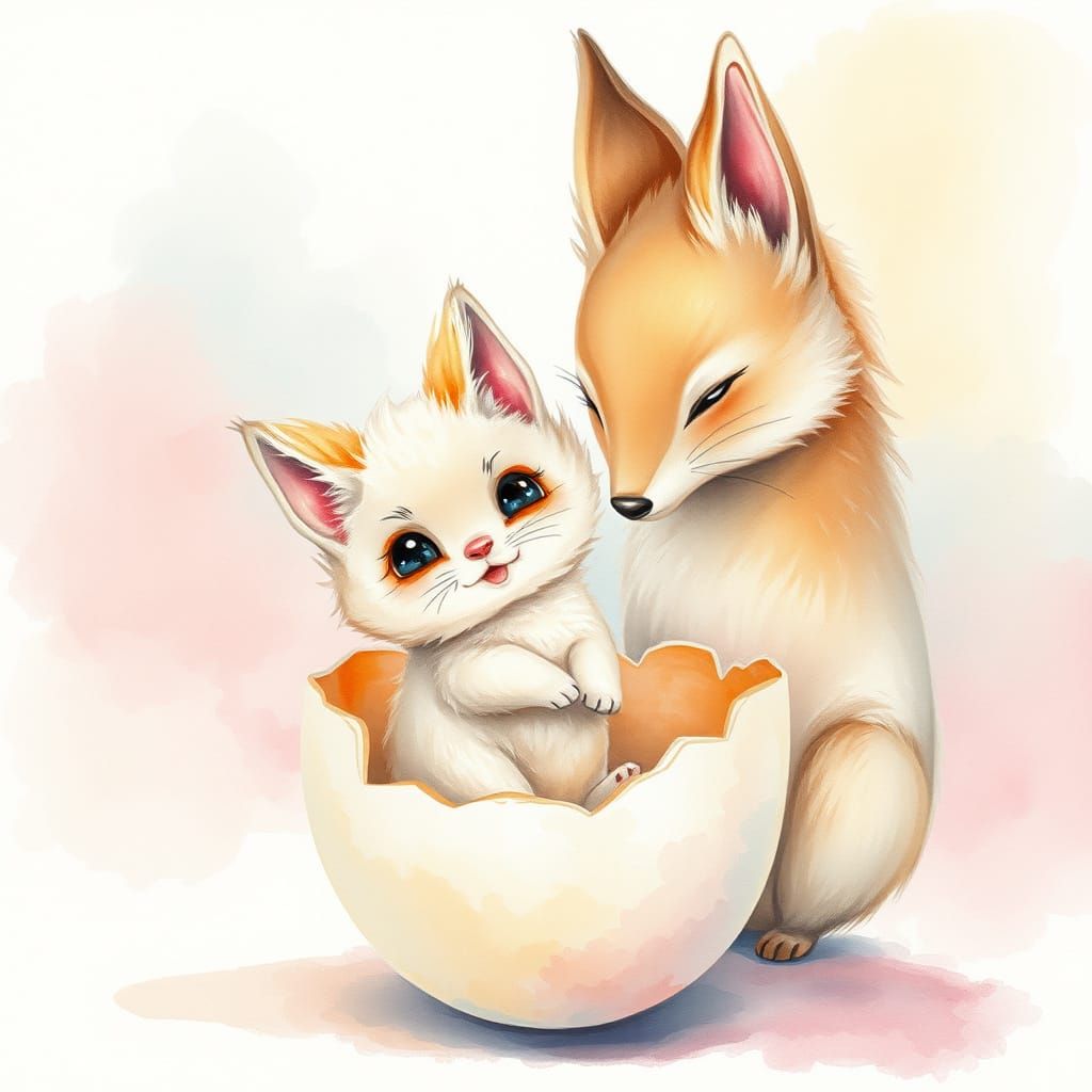 Whimsical Kitsune Emerges in Watercolor Painting