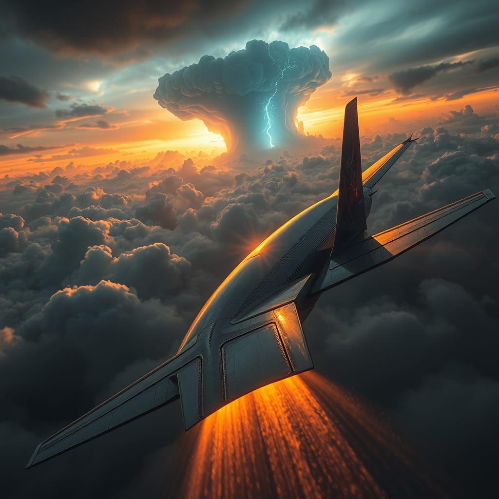 Majestic Airliner Pierces Turbulent Stormy Skies in Cyberpun...