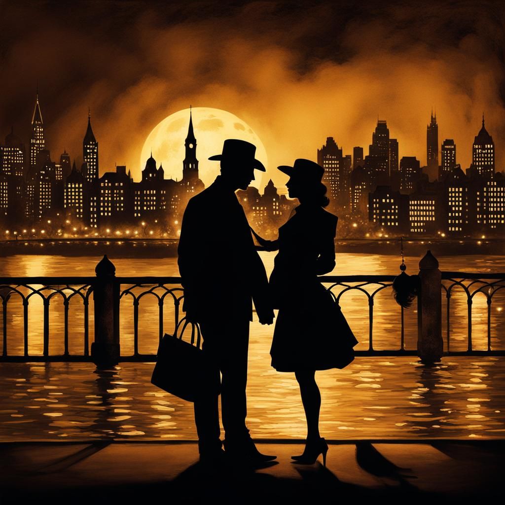 Lovers Silhouette in City Night, Film Noir Style