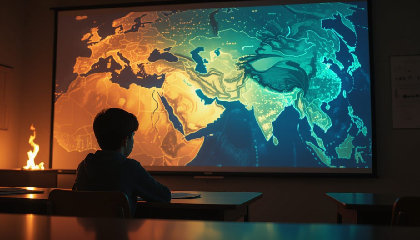 Student Stares At Burning Middle East Map in Dramatic Classr...