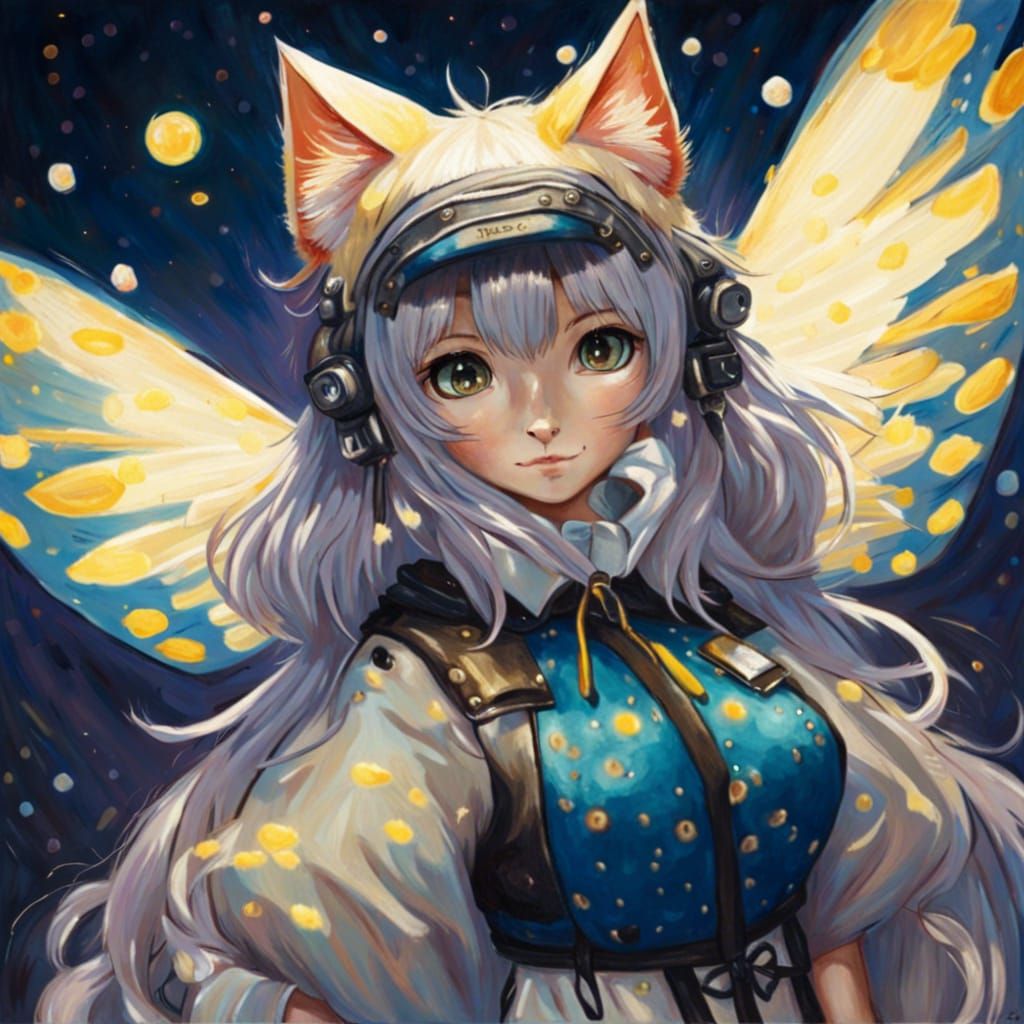 Anime Cat Girl with Wings in Van Gogh Style