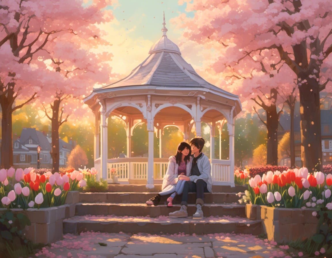 Romantic Moment in a Victorian Gazebo at Dusk