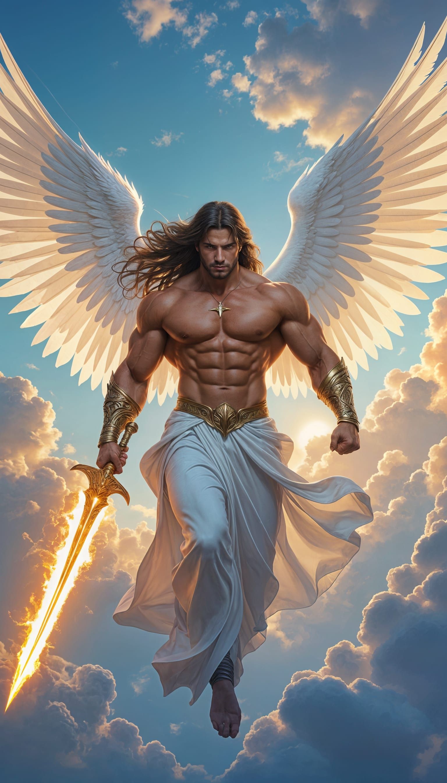 Muscular Angel Soars with Flaming Sword in Golden Hour Sky