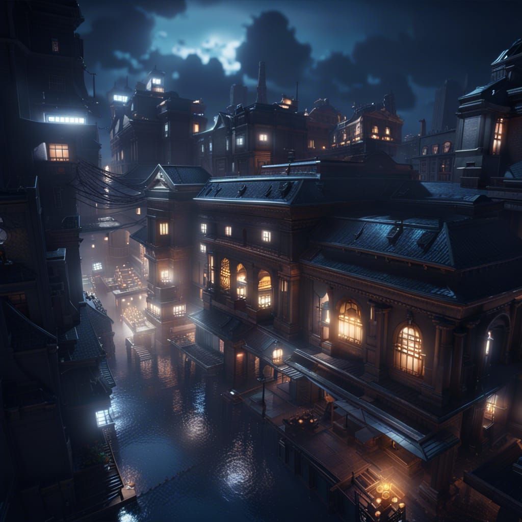 Fantasy Night Cityscape with Lightning in 3D Style