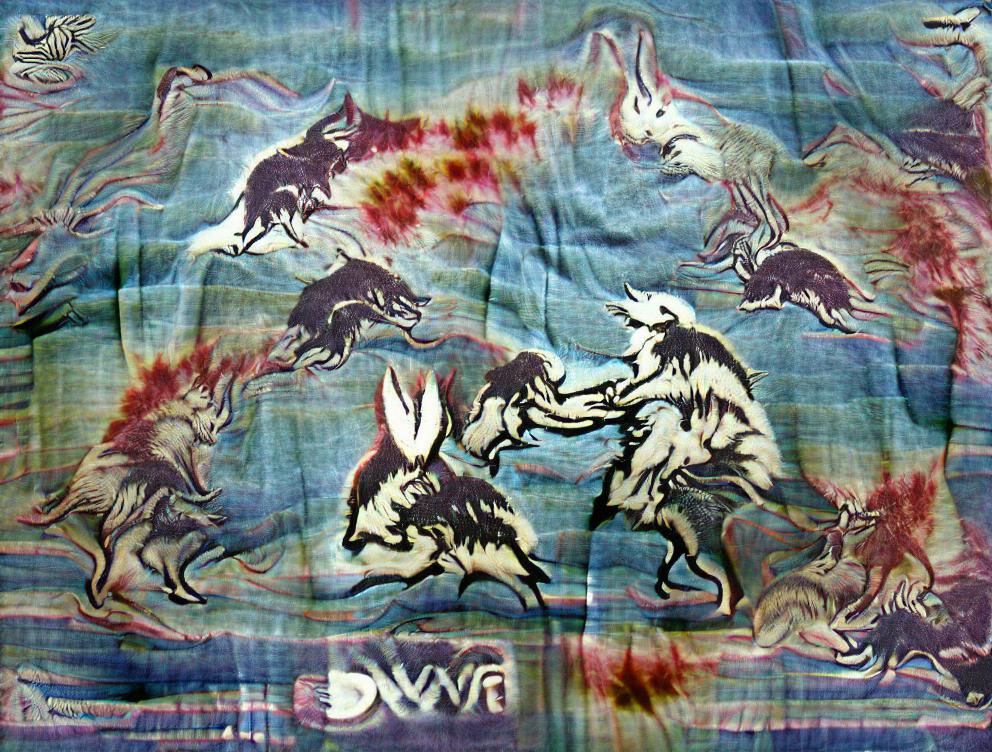 Wolves Fighting Over Rabbit with Dye-Transfer Effect
