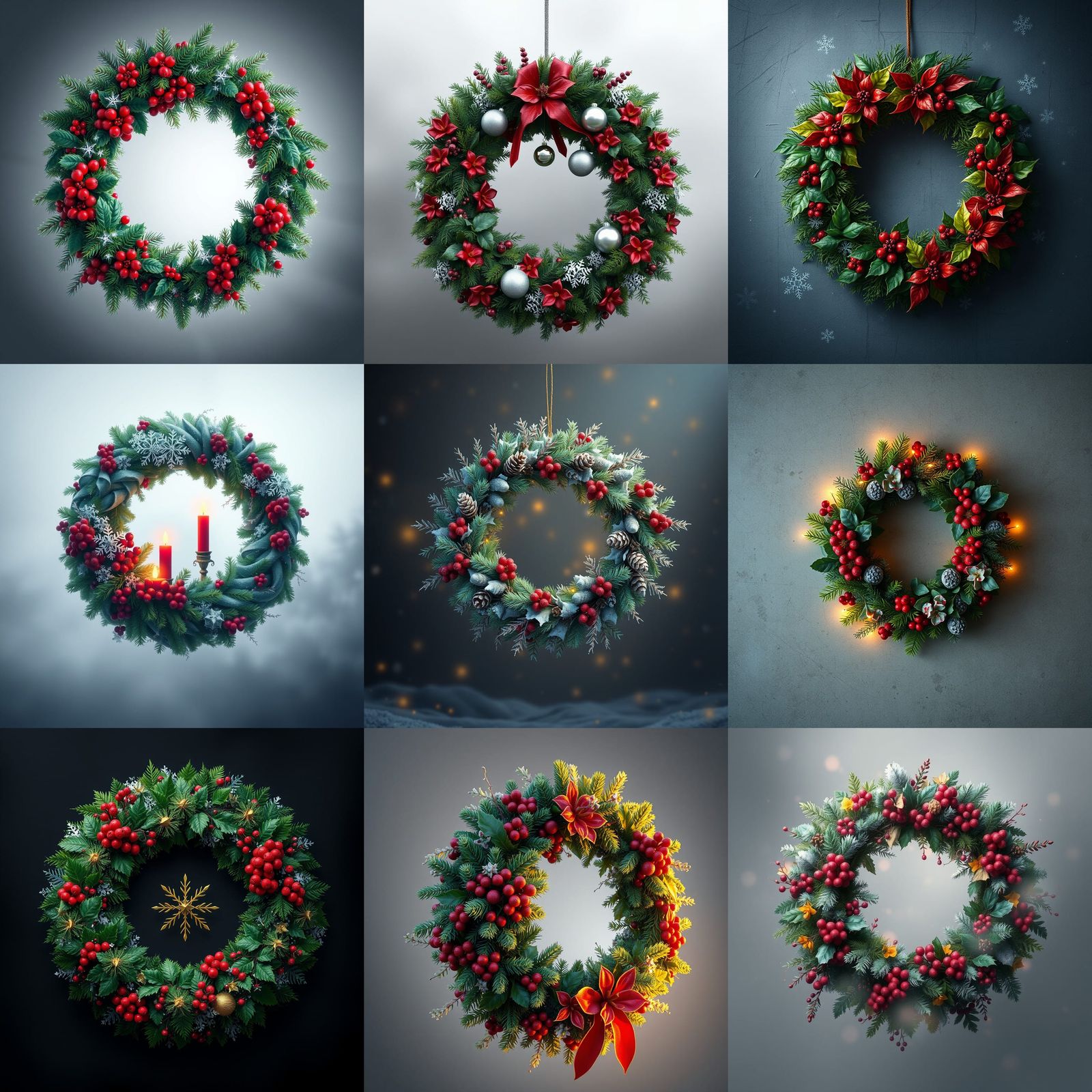 Detailed Christmas Wreath on Gray Background