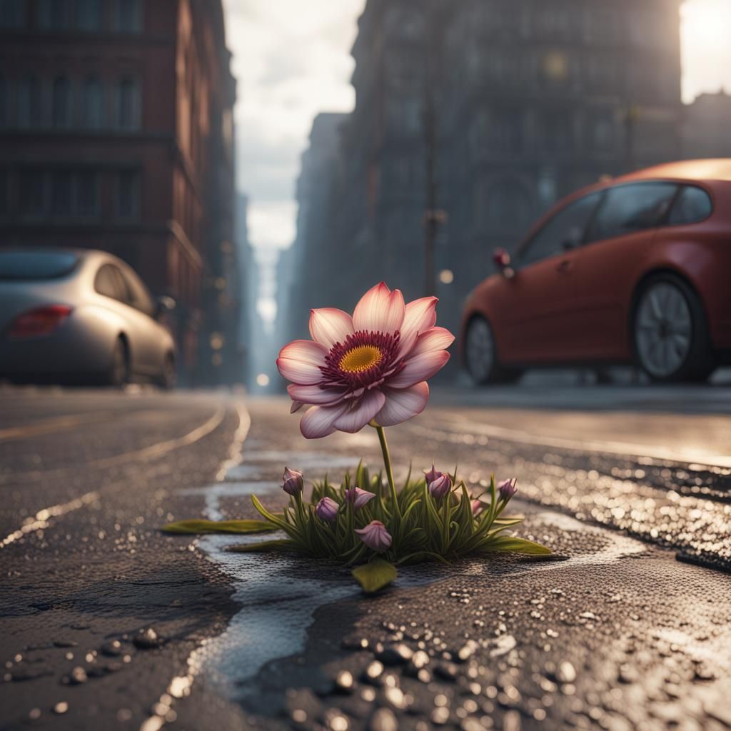 Flower Breaks Through Pavement: Fantasy Concept Art