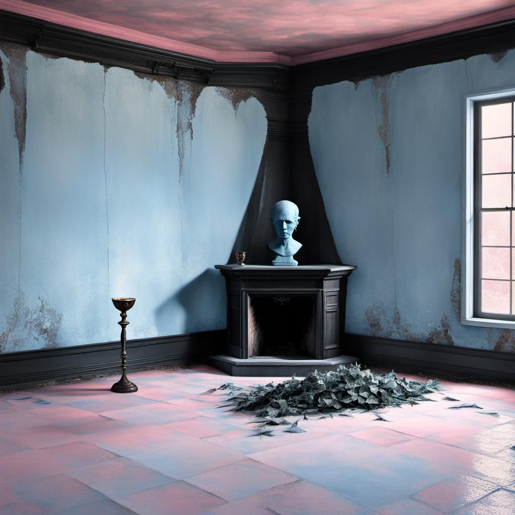 Ominous Room with Mannequin Bust and Satanic Symbols